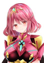 Rule 34 | 1girl, breasts, chest jewel, earrings, gem, headpiece, highres, jewelry, large breasts, nanase nao, pyra (xenoblade), red eyes, red hair, short hair, simple background, solo, swept bangs, tiara, white background, xenoblade chronicles (series), xenoblade chronicles 2