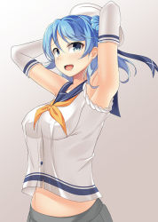 Rule 34 | 10s, 1girl, armpits, arms behind head, arms up, bad id, bad pixiv id, blue eyes, blue hair, blush, breasts, covered erect nipples, double bun, gloves, hair bun, hat, kankitsunabe (citrus), kantai collection, long hair, looking at viewer, matching hair/eyes, midriff, open mouth, school uniform, see-through, serafuku, skirt, sleeves rolled up, smile, solo, urakaze (kancolle), white hat