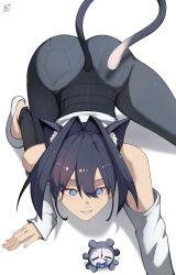 Rule 34 | absurdres, animal ears, artist name, ass, bare shoulders, blue eyes, blue hair, cat ears, highres, hololive, hololive english, o22no, ouro kronii, short hair, slit pupils, smile, tail, teeth, virtual youtuber, white background, white footwear