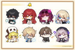 Rule 34 | ..., 3boys, 5girls, puff of air, ?, anger vein, bell, blush, bright pupils, chibi, closed eyes, dan heng (honkai: star rail), doll joints, earrings, facepalm, flower, gepard landau, glasses, gloves, hand on own chin, hat, herta (honkai: star rail), himeko (honkai: star rail), honkai: star rail, honkai (series), hook (honkai: star rail), jewelry, joints, kafka (honkai: star rail), lightning bolt symbol, looking at viewer, multiple boys, multiple girls, musical note, official art, one eye closed, open mouth, serval landau, shaded face, sigh, simple background, spoken ellipsis, tearing up, tears, welt yang, white pupils