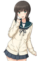Rule 34 | 1girl, beige cardigan, black hair, blue sailor collar, blue skirt, cardigan, commentary request, cowboy shot, fubuki (kancolle), green eyes, highres, kantai collection, leaning forward, long hair, looking at viewer, low ponytail, nakamura sumikage, pleated skirt, ponytail, sailor collar, school uniform, serafuku, short ponytail, sidelocks, simple background, skirt, smile, solo, white background