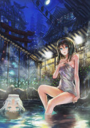 Rule 34 | 2girls, :d, absurdres, architecture, arm support, black hair, blue eyes, bubble, building, denki, east asian architecture, highres, long hair, looking at viewer, multiple girls, night, night sky, object on head, onsen, open mouth, original, scan, scenery, silver hair, sitting, sky, smile, soaking feet, towel, water, wet