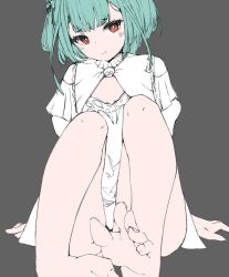 Rule 34 | 1girl, bare legs, bare shoulders, barefoot, blush, closed mouth, double bun, dress, feet, flat chest, flat color, green hair, hair bun, head tilt, hololive, legs, looking at viewer, lumina (1umin4), on floor, red eyes, ribbon, short hair, simple background, smile, solo, toes, unfinished, uruha rushia, uruha rushia (1st costume), virtual youtuber