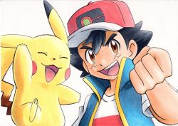 Rule 34 | 1boy, :d, ash ketchum, baseball cap, black hair, blue jacket, brown eyes, clenched hand, commentary request, creatures (company), game freak, gen 1 pokemon, hair between eyes, hand up, hat, highres, jacket, looking at viewer, male focus, nintendo, oka mochi, open mouth, pikachu, pokemon, pokemon (anime), pokemon (creature), pokemon journeys, red headwear, shirt, short hair, short sleeves, sleeveless, sleeveless jacket, smile, spiked hair, t-shirt, teeth, tongue, traditional media, upper body, upper teeth only, white background, white shirt