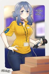 Rule 34 | 1girl, alternate costume, artist name, barcode scanner, blue eyes, blue hair, blurry, blurry background, box, commentary, denim, depth of field, english commentary, english text, eyebrows, gotland (kancolle), hair bun, hand on own hip, highres, holding, ikea, jeans, kantai collection, long hair, mole, mole under eye, nail polish, name tag, pants, psidubs, shirt, short sleeves, single hair bun, smile, solo, twitter username, yellow shirt