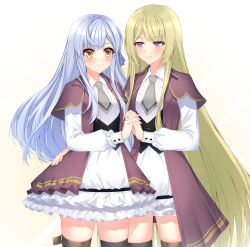Rule 34 | 2girls, arm around waist, assault lily, belt, black thighhighs, blonde hair, blunt bangs, blush, brown belt, brown coat, brown jacket, buttons, closed mouth, coat, collared dress, commentary, cowboy shot, dress, english commentary, fingernails, frilled dress, frilled sleeves, frills, gradient background, grey hair, grey necktie, hair ribbon, hand on another&#039;s hip, hand up, holding hands, interlocked fingers, jacket, jewelry, kon kanaho, layered sleeves, long hair, long sleeves, looking at viewer, miyagawa takane, multiple girls, necktie, official alternate costume, open clothes, open coat, open jacket, purple eyes, purple ribbon, ribbon, ring, short dress, short necktie, short sleeves, side-by-side, sidelocks, sieka (piiroinardesco), smile, standing, thigh belt, thigh strap, thighhighs, underbust, very long hair, wavy hair, white background, white dress, yellow background, yellow eyes, yuri, zettai ryouiki