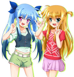 Rule 34 | 2girls, :d, arisa bunnings, belt, black hair, blonde hair, blue bow, blue hair, bow, clothing cutout, double v, green eyes, hair between eyes, hair bow, highres, long hair, looking at viewer, lyrical nanoha, mahou shoujo lyrical nanoha, levi the slasher, miniskirt, multicolored hair, multiple girls, open mouth, pink eyes, pleated skirt, print shirt, purple skirt, red shirt, shirt, short shorts, short sleeves, shorts, shoulder cutout, simple background, skirt, smile, standing, torn clothes, torn shorts, two-tone hair, two side up, v, very long hair, white background, yorousa (yoroiusagi)