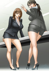 Rule 34 | 2007, 2girls, artist name, black hair, black jacket, black skirt, black suit, breasts, brown eyes, brown hair, business suit, cleavage, collarbone, curvy, dated, dress shirt, female focus, formal, full body, high heels, highres, hip focus, huge breasts, impossible clothes, indoors, jacket, legs, lips, lipstick, long hair, long legs, looking down, looking to the side, makeup, matching hair/eyes, minidress, miniskirt, mole, mole under eye, multiple girls, office, office lady, open mouth, original, panties, pantylines, parted lips, pencil skirt, ponytail, pumps, shirt, shoes, sideboob, skirt, skirt suit, standing, suit, table, tatsunami youtoku, teeth, thighs, third-party edit, underwear, white shirt, wide hips