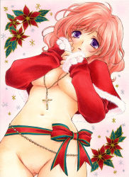 Rule 34 | 1girl, aoi yuuka (ao no kokoro), belly chain, breasts, cleavage, cross, jewelry, large breasts, marker (medium), navel, necklace, original, pink hair, purple eyes, pussy, solo, traditional media, underboob
