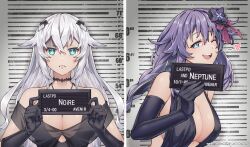 Rule 34 | 2girls, aqua eyes, barbie (franchise), barbie (live action), barbie mugshot (meme), bare shoulders, black heart (neptunia), blush, breasts, card, character name, cleavage, cleavage cutout, clothing cutout, elbow gloves, english text, ge-b, gloves, hair between eyes, hair ornament, height chart, height mark, highres, holding, holding card, holding sign, large breasts, long hair, looking at viewer, meme, mugshot, multiple girls, nameplate, neptune (series), open mouth, power symbol, power symbol-shaped pupils, purple heart (neptunia), sign, smile, sweatdrop, symbol-shaped pupils, teeth, upper body, very long hair, white hair