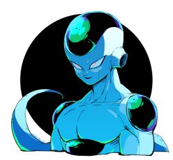 Rule 34 | 1boy, arms at sides, blue theme, circle, dragon ball, dragonball z, evil smile, frieza, green theme, kokusoji, looking at viewer, male focus, pink eyes, shaded face, simple background, smile, solo, tail, twitter username, upper body, white background