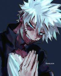 Rule 34 | 1boy, alternate eye color, alternate hair color, artist name, black jacket, blue background, blue eyes, boku no hero academia, burn scar, cheek piercing, dabi (boku no hero academia), evil grin, evil smile, grin, highres, jacket, looking at viewer, male focus, multiple scars, own hands together, piercing, scar, scar on neck, sharl0ck, smile, solo, spiked hair, spoilers, staple, stapled, symbol-only commentary, todoroki touya, white hair