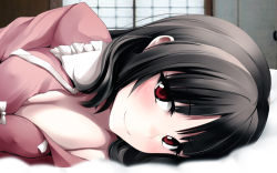 Rule 34 | 1girl, bed, black hair, blurry, blush, breasts, cleavage, depth of field, covered erect nipples, eyelashes, female focus, highres, houraisan kaguya, indoors, k2isu, looking at viewer, lying, naughty face, on side, pajamas, pov, red eyes, short hair, smile, solo, touhou