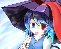 Rule 34 | 1girl, :p, blue eyes, blue hair, female focus, heterochromia, karakasa obake, matching hair/eyes, oil-paper umbrella, red eyes, short hair, solo, tatara kogasa, tatsun, tongue, tongue out, touhou, umbrella