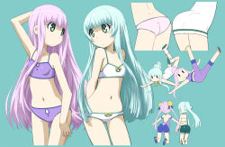 Rule 34 | 10s, 2girls, :/, alternate hairstyle, aoki hagane no arpeggio, aqua background, arm behind head, arm up, arms behind back, ass, bad id, bad pixiv id, bandeau, bike shorts, black footwear, blue hair, boots, bow, bow panties, bra, breasts, closed mouth, collarbone, cropped legs, dimples of venus, flat chest, frown, gluteal fold, green eyes, hair bun, hair ribbon, highres, i-400 (aoki hagane no arpeggio), i-402 (aoki hagane no arpeggio), kamo 3, kneeling, kneepits, light purple hair, long hair, looking at another, looking away, multiple girls, multiple views, navel, outstretched arms, panties, pants, parted lips, ponytail, purple bra, purple panties, purple pants, purple shirt, ribbon, shirt, shoes, sidelocks, simple background, single hair bun, sleeveless, sleeveless shirt, small breasts, solid oval eyes, sweatband, twintails, underwear, very long hair, white bra, white footwear, white ribbon