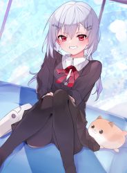 Rule 34 | 1girl, absurdres, black pantyhose, black skirt, black sweater, blush, bow, collared shirt, commentary request, feet out of frame, grey hair, grin, hair between eyes, hair ornament, hairclip, hakase fuyuki, hakase fuyuki (1st costume), highres, knees together feet apart, knees up, long hair, looking at viewer, low twintails, nijisanji, pantyhose, pleated skirt, red bow, red eyes, shirt, sitting, skirt, smile, solo, sweater, twintails, virtual youtuber, white shirt, window, yayoi asuka