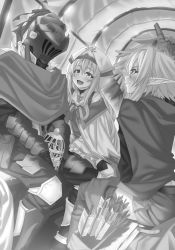 Rule 34 | 1boy, 2girls, :d, arm up, between legs, blush, boots, dutch angle, furry, furry male, goblin slayer, goblin slayer!, greyscale, hair between eyes, hand between legs, hat, helmet, high elf archer (goblin slayer!), highres, kannatsuki noboru, leaning forward, monochrome, multiple girls, novel illustration, official art, open mouth, pants, pointy ears, short shorts, shorts, sitting, smile, thigh boots, thighhighs, zettai ryouiki