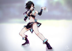 Rule 34 | 1girl, absurdres, belt, black hair, blurry, blurry background, breasts, cleavage, cleavage cutout, clothing cutout, detached sleeves, fight stance, fighting pose, fighting stance, highres, long hair, okuto, original, red eyes, signature, solo, standing