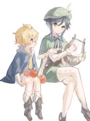 Rule 34 | 2boys, aged down, apple, beret, black hair, blonde hair, blue eyes, blue hair, blue jacket, boots, braid, brown footwear, cape, collared cape, corset, flower, food, frilled sleeves, frills, fruit, genshin impact, gradient hair, green cape, green eyes, green headwear, green shorts, hat, hat flower, highres, hood, hoodie, instrument, jacket, loafers, lyre, male focus, mika (genshin impact), multicolored hair, multiple boys, music, necktie, nunnunun (nun), open clothes, open jacket, pantyhose, playing instrument, ponytail, shirt, shoes, short hair with long locks, shorts, sitting, smile, twin braids, venti (genshin impact), white flower, white pantyhose, white shirt, white shorts, yellow necktie