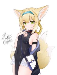 Rule 34 | 2girls, absurdres, alternate costume, animal ears, arknights, bag, black coat, black dress, blonde hair, blue archive, bow-shaped hair, braid, braided hair rings, china dress, chinese clothes, cleavage cutout, clothing cutout, coat, commentary request, cosplay, crossover, dress, fox ears, fox girl, fox tail, frilled skirt, frills, green eyes, gu meng yin, hair between eyes, hairband, halo, handbag, highres, kitsune, kokona (blue archive), kokona (blue archive) (cosplay), kyuubi, long hair, long sleeves, looking at viewer, multiple girls, multiple tails, open clothes, open coat, pelvic curtain, side slit, sidelocks, simple background, skirt, sleeveless, suzuran (arknights), tail, tiger girl, tiger tail, white background, white skirt