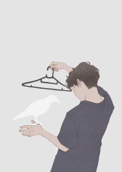 Rule 34 | 1boy, bird, black shirt, brown hair, clothes hanger, commentary, cynthia tedy, english commentary, from behind, grey background, male focus, muted color, original, shirt, short hair, short sleeves, silhouette, simple background, solo, upper body, very short hair, white bird