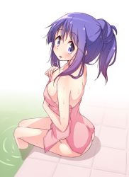 Rule 34 | 1girl, :d, ass, bath, blush, breasts, cleavage, commentary, from above, hinata yukari, legs together, long hair, looking at viewer, medium breasts, mel (melty pot), naked towel, open mouth, pink towel, ponytail, purple eyes, purple hair, sidelocks, sitting, smile, soaking feet, solo, tile floor, tiles, towel, water, wet, wet hair, white background, yuyushiki