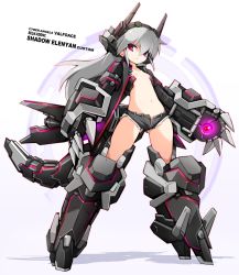 Rule 34 | 1girl, antennae, armor, armored boots, black shorts, boots, breasts, bridgeless bra, closed mouth, collarbone, cutoffs, densou tenshi valforce, full body, glowing, gluteal fold, grey hair, hair between eyes, highres, karukan (monjya), legs apart, long hair, looking at viewer, mecha musume, mechanical arms, mechanical tail, misawa elena, navel, open clothes, open fly, open shorts, purple eyes, shadow, short shorts, shorts, small breasts, solo, standing, stomach, tail, unbuttoned, white background