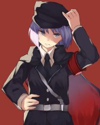 Rule 34 | 1girl, armband, black coat, black hat, black necktie, blue eyes, cape, closed mouth, coat, collared shirt, commentary request, cookie (touhou), cowboy shot, geru futota, hand on own hip, hat, highres, long sleeves, looking at viewer, military, military hat, military uniform, necktie, purple hair, red background, red cape, remilia scarlet, rizeass, shirt, short hair, simple background, solo, touhou, uniform, white shirt
