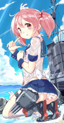 Rule 34 | 10s, 1girl, :p, animal, animal on head, ass, rabbit, rabbit on head, rabbit on shoulder, finger to face, food print, from side, hamaken. (novelize), kantai collection, kneeling, looking at viewer, ocean, on head, panties, pink eyes, pink hair, print panties, sazanami (kancolle), school uniform, see-through, serafuku, strawberry panties, strawberry print, tongue, tongue out, twintails, underwear, wet, wet clothes, white panties, wrist cuffs