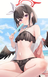 Rule 34 | 1girl, :p, bare shoulders, bikini, black bikini, black wings, blue archive, blue sky, blush, brown hair, closed mouth, collarbone, day, feet out of frame, flip-flops, food, hair ribbon, hairband, halo, highres, holding, holding food, jacket, long sleeves, looking at viewer, mashiro (blue archive), mashiro (swimsuit) (blue archive), navel, nokke o, off shoulder, on ground, open clothes, open jacket, outdoors, outside border, pink jacket, popsicle, purple eyes, ribbon, sandals, short hair, sitting, sky, solo, spread legs, stomach, swimsuit, tongue, tongue out, white hairband, white ribbon, winged halo, wings