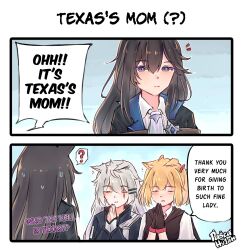 Rule 34 | 2koma, 3girls, ?, arknights, black gloves, black hair, black jacket, black vest, blonde hair, blush, closed eyes, collared shirt, comic, commentary request, english text, fingerless gloves, gertrude strollo (arknights), gloves, grey hair, hair between eyes, hair ornament, hairclip, highres, jacket, lappland (arknights), long hair, multiple girls, notice lines, palms together, parted lips, pascahujan, praying, purple eyes, scar, scar across eye, shirt, sora (arknights), spoken question mark, vest, white gloves, white shirt
