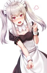 Rule 34 | 1girl, alternate hairstyle, athenawyrm, blush, detached collar, fire emblem, fire emblem: three houses, highres, long hair, lysithea von ordelia, maid, maid headdress, nintendo, open mouth, pink eyes, short sleeves, simple background, solo, twintails, upper body, white background, white hair, wrist cuffs