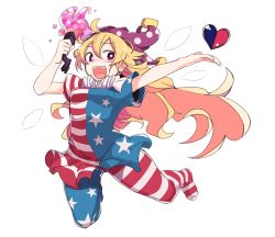 Rule 34 | 1girl, :d, ahoge, american flag dress, american flag legwear, arm up, blonde hair, blue dress, blue pantyhose, blush, breasts, clownpiece, commentary request, dress, full body, furorina, hair between eyes, hand up, hat, heart, heart-shaped pupils, holding, holding torch, jester cap, jumping, long hair, looking at viewer, neck ruff, no shoes, open mouth, pantyhose, polka dot headwear, purple eyes, purple hat, red dress, red pantyhose, short dress, short sleeves, simple background, small breasts, smile, solo, star (symbol), star print, striped clothes, striped dress, striped pantyhose, symbol-shaped pupils, torch, touhou, very long hair, white background, white dress, white pantyhose