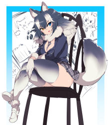 Rule 34 | 10s, 1girl, :d, animal ears, between breasts, black hair, blue eyes, blush, breasts, chair, cleavage, coat, commentary request, fang, full body, fur collar, giraffe, gloves, grey wolf (kemono friends), heterochromia, highres, kemono friends, large breasts, crossed legs, long hair, looking at viewer, multicolored hair, necktie, necktie between breasts, open mouth, plaid, plaid skirt, pleated skirt, sekiyu (spartan), simple background, sitting, sketch, skirt, smile, tail, thick thighs, thighhighs, thighs, two-tone hair, white background, white gloves, white hair, wolf ears, wolf tail, yellow eyes, zettai ryouiki