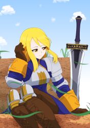 Rule 34 | 1girl, agrias oaks, armor, artist name, blonde hair, breastplate, brown footwear, brown gloves, brown pants, closed mouth, cloud, elbow pads, feet out of frame, final fantasy, final fantasy tactics, gloves, grass, highres, knee pads, leaf, looking to the side, pants, shoulder pads, sitting, sky, smile, solo, sword, weapon, wind, xzeong, yellow eyes