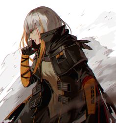 Rule 34 | 1girl, armband, bleeding, blood, blood drip, blood from mouth, blunt bangs, braid, capelet, coat, corruption, from side, girls&#039; frontline, gloves, hand up, jacket, leaning forward, looking afar, m16a1 (boss) (girls&#039; frontline), m16a1 (girls&#039; frontline), mole, mole under eye, orange hair, sangvis ferri, sidelocks, silence girl, single braid, smoke, solo, spoilers, torn clothes, white hair, yellow eyes