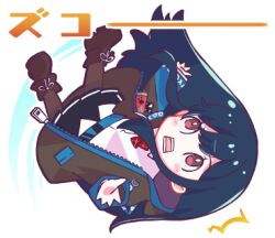 Rule 34 | 1girl, black coat, black footwear, black pantyhose, black skirt, blue hair, bow, bright pupils, chibi, coat, collared shirt, denonbu, falling, full body, long hair, long sleeves, lowres, nonkomu (furiten5553), official art, open mouth, outline, pantyhose, pleated skirt, red bow, red eyes, shinonome kazune, shirt, shoes, skirt, solo, surprised, translated, transparent background, white outline, white pupils, white shirt