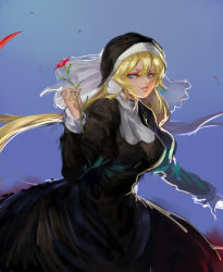 Rule 34 | 1girl, bad id, bad twitter id, black dress, blonde hair, blue background, blue eyes, breasts, copyright request, dress, evil smile, floating hair, flower, habit, hair between eyes, holding, holding flower, inishie kumo, large breasts, long dress, long hair, long sleeves, looking at viewer, nun, parted lips, red flower, red pupils, smile, solo, traditional nun