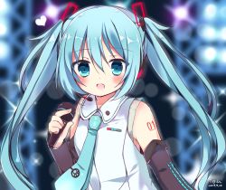Rule 34 | 1girl, ai 1003, bare shoulders, black sleeves, blue eyes, blue hair, blue necktie, blurry, blurry background, blush, collared shirt, commentary request, dated, depth of field, detached sleeves, hair ornament, hatsune miku, headphones, heart, highres, long hair, long sleeves, necktie, shirt, signature, sleeveless, sleeveless shirt, solo, stage lights, tie clip, twintails, upper body, very long hair, vocaloid, white shirt