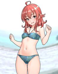 1girl absurdres ahoge aqua_bikini arashi_(kancolle) beach bikini blue_bikini blurry blurry_background blush commentary_request day furaggu_(frag_0416) highres kantai_collection medium_hair messy_hair navel open_mouth outdoors red_hair smile solo standing stomach swimsuit thighs variant_set