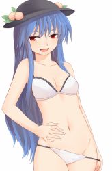 Rule 34 | 1girl, :d, bare arms, black hat, blue hair, bra, breasts, cleavage, cowboy shot, food, fruit, groin, hand on own stomach, hat, hinanawi tenshi, leaf, long hair, looking at viewer, medium breasts, miyo (ranthath), navel, open mouth, panties, panty pull, peach, pulled by self, red eyes, sidelocks, simple background, smile, solo, touhou, underwear, underwear only, white background, white bra, white panties