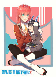 Rule 34 | 10s, 1boy, 1girl, aged down, atianshi, black pantyhose, boots, darling in the franxx, dress, eyes visible through hair, green eyes, hairband, hiro (darling in the franxx), horns, long hair, long sleeves, pantyhose, pink hair, red dress, sitting, white footwear, zero two (darling in the franxx)