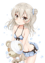 Rule 34 | 1girl, bare arms, bare shoulders, bikini, bikini skirt, black bow, blue bikini, blue scrunchie, blush, boko (girls und panzer), bow, breasts, brown hair, closed mouth, collarbone, commentary request, flipper, girls und panzer, grey hair, groin, hair between eyes, hair bun, hair ornament, hair scrunchie, halterneck, highres, holding, holding stuffed toy, long hair, looking at viewer, navel, one side up, polka dot, polka dot bikini, polka dot scrunchie, scrunchie, shimada arisu, side bun, single hair bun, single side bun, small breasts, smile, solo, stuffed animal, stuffed toy, swimsuit, teddy bear, water drop, white background