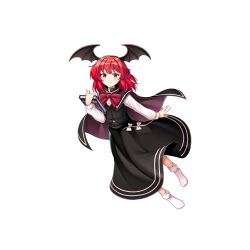 Rule 34 | 1girl, alternate hair length, alternate hairstyle, bat wings, black cape, black skirt, black vest, book, bow, bowtie, cape, closed mouth, embodiment of scarlet devil, full body, game cg, head wings, highres, holding, holding book, koakuma, looking at viewer, red bow, red bowtie, red eyes, red hair, rotte (1109), shirt, short hair, short sleeves, simple background, skirt, smile, socks, solo, third-party source, touhou, touhou lostword, vest, white background, white shirt, white socks, wings