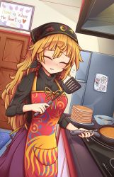 Rule 34 | 1girl, adapted costume, apron, black shirt, blonde hair, child&#039;s drawing, clownpiece, commentary, contemporary, cooking, door, drawing, english commentary, english text, kitchen hood, closed eyes, food, frying pan, hair between eyes, head scarf, hecatia lapislazuli, highres, junko (touhou), kitchen, long hair, long sleeves, looking at viewer, pancake, plate, red eyes, refrigerator, shirt, skirt, smile, solo, spatula, pancake stack, stove, tape, touhou, turtleneck, very long hair, wool (miwol)