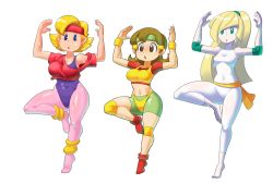 Rule 34 | 2020, 3girls, 5-volt, absurdres, aerobics, alternate costume, alternate hairstyle, arms up, asymmetrical hair, bare shoulders, barefoot, bike shorts, blonde hair, blue eyes, bodysuit, bound, breasts, brown eyes, brown hair, chestnut mouth, covered navel, creatures (company), curvy, dot nose, elbow pads, exercising, female focus, full body, game freak, green eyes, headband, highres, large breasts, leg up, leotard, lipstick, long hair, lusamine (pokemon), makeup, matching hair/eyes, mature female, midriff, minuspal, mother (game), mother 2, multiple girls, navel, ness&#039;s mom, nintendo, open mouth, pale skin, pokemon, pokemon sm, ponytail, red lips, red shirt, shiny clothes, shiny skin, shirt, short hair, shorts, skin tight, small breasts, standing, sweat, taut clothes, taut shirt, thick thighs, thighs, warioware, white background, wide hips