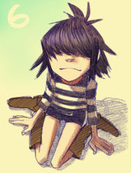 Rule 34 | 1girl, :3, a-ka, black hair, boots, from above, gorillaz, hair over eyes, looking at viewer, looking up, noodle (gorillaz), shirt, short hair, shorts, sitting, smile, solo, striped clothes, striped shirt, two-tone stripes, wariza