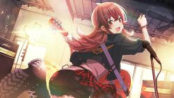 Rule 34 | 1girl, ass, boots, chain, game cg, guitar, hair ornament, hairclip, idolmaster, idolmaster shiny colors, instrument, komiya kaho, microphone, official art, red eyes, red hair, shoe soles, short shorts, shorts, solo