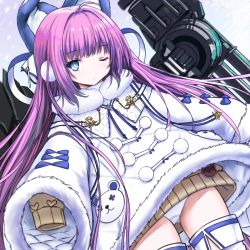 Rule 34 | 1girl, animal ears, azur lane, blue eyes, boots, coat, commentary request, dress, duffel coat, dutch angle, fake animal ears, fur coat, gluteal fold, highres, long hair, looking at viewer, one eye closed, panties, pantyshot, purple hair, sleeves past wrists, solo, standing, sweater, sweater dress, tashkent (azur lane), thigh boots, thighhighs, tokisaka ena, torpedo tubes, underwear, white panties, winter clothes