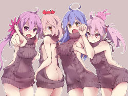 Rule 34 | 10s, 4girls, ahoge, akebono (kancolle), animal, animal on head, ass, backless outfit, bare back, bare shoulders, blue hair, bow, grabbing another&#039;s breast, breasts, butt crack, clenched hand, covered mouth, crab, dress, flower, from behind, grabbing, grin, hair between eyes, hair bobbles, hair bow, hair flower, hair ornament, highres, kantai collection, large breasts, leaning forward, long hair, looking at viewer, medium breasts, meme attire, multiple girls, naked sweater, oboro (kancolle), on head, open mouth, orange hair, ozu warudo, pink eyes, pink hair, pointing, pointing at viewer, purple eyes, purple hair, ribbed sweater, sazanami (kancolle), side ponytail, small breasts, smile, sweater, sweater dress, tears, thighs, turtleneck, turtleneck sweater, twintails, ushio (kancolle), very long hair, virgin killer sweater, wavy mouth, yellow eyes, yuri